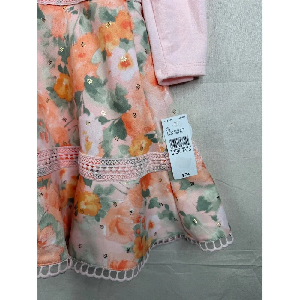New Knit Works Floral Print Dress/Cardigan Set size 14.5 Girls Pink/Green‎
